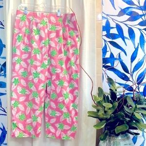 Women’s Briggs Petite Pink Green Turtles White Leaf Capri Cropped Stretch Pants
